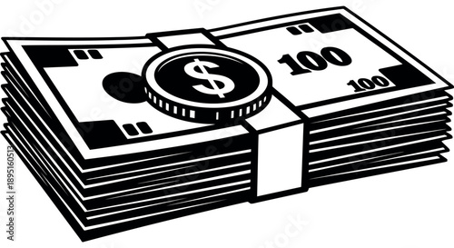 A stack of hundred-dollar bills with a dollar coin on top, representing financial wealth