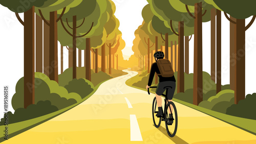 Cyclist riding through a sunlit forest on a serene path