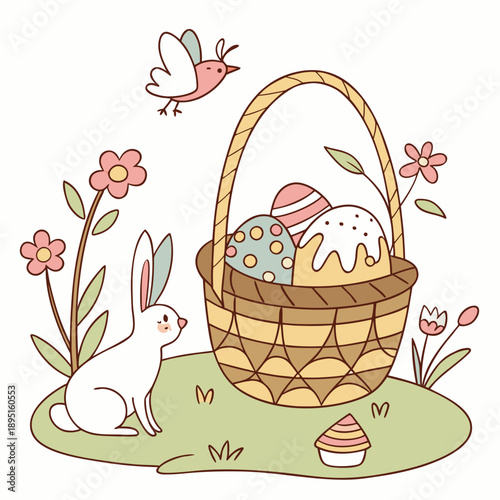 Festive Easter Illustration Set Featuring Basket, Rabbit, Spring Flowers, Easter Cake and Singing Bird