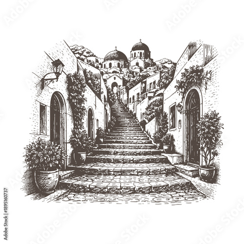 Detailed woodcut vector illustration of a narrow Mediterranean street with stone stairs and old buildings, vintage etching style coastal town scenery.