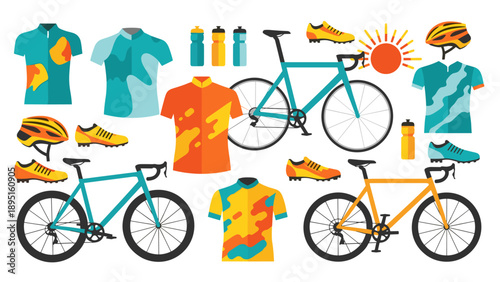 Colorful cycling gear and bicycles with bright jerseys and accessories