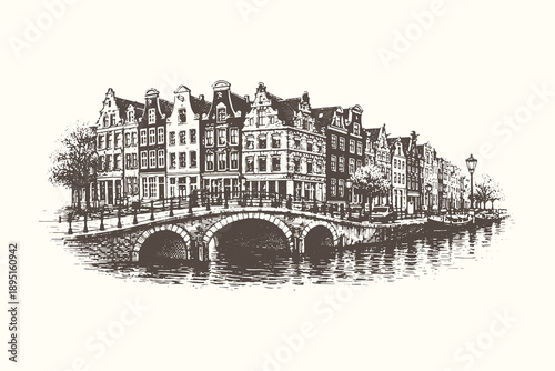 Vintage woodcut vector illustration of Amsterdam style canal houses and bridge over water, detailed European city architecture engraving style artwork.