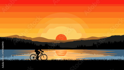 Silhouette of cyclist at tranquil lake during vibrant sunset with reflective waters