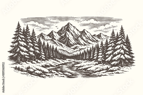 Woodcut vector illustration of a majestic mountain range with a flowing river and pine forest, vintage engraving style wilderness landscape scenery.