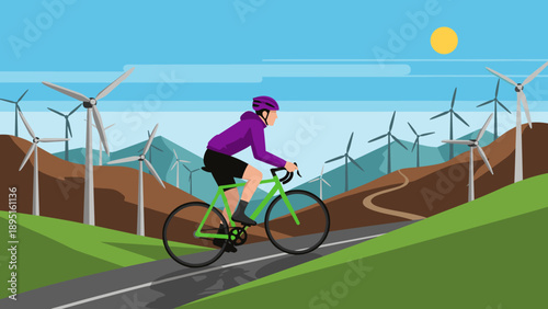 Cyclist on scenic road with wind turbines in modern flat design