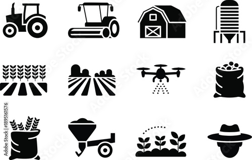 A comprehensive collection of twelve black and white glyph icons representing various elements of modern farming and agriculture