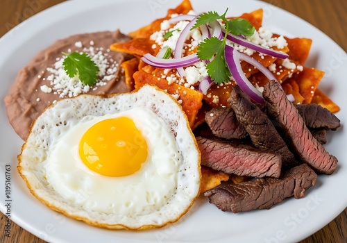 Hearty breakfast plate features fried egg, sliced steak, refried beans, and chilaquiles.