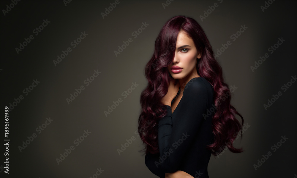 Fototapeta premium elegant woman with dark pink wavy wolfcut hairstyle, high fashion editorial portrait of stylish woman with glossy wolfcut, modern beauty portrait showcasing front and back wolfcut hairstyle