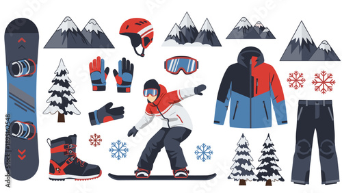 Winter adventure gear set with snowboarding equipment and mountain icons in flat style