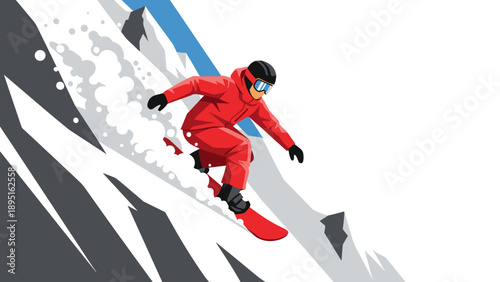 Snowboarder in red outfit descending rocky mountain slope in dynamic flat design
