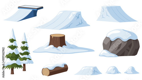 Winter sports elements: snow-covered ramps, trees, and rocks for outdoor adventure designs