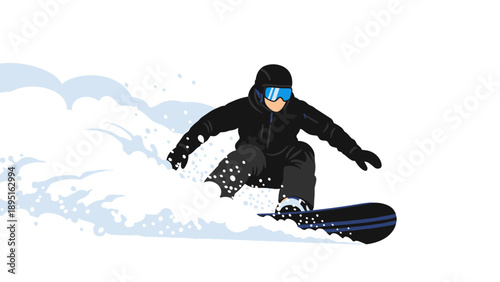 Snowboarder in action with snow splashes and dynamic movement