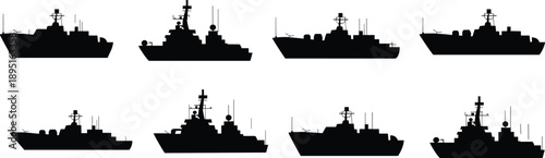 Set of black naval ship silhouettes including destroyer frigate and warship icons for maritime industry military defense and nautical graphic design