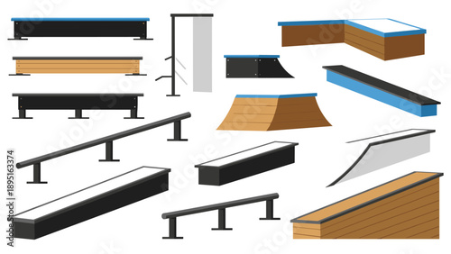 Skate park elements collection: ramps, rails, and platforms in a flat design