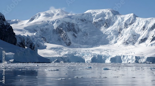 Vast snow-covered mountains and glaciers meet the icy ocean in Antarctica, showcasing a breathtaking polar landscape under a clear blue sky.