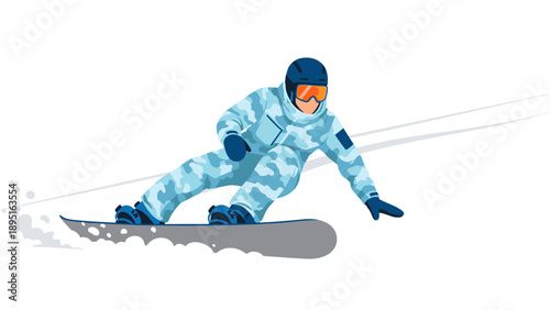 Snowboarder in action with blue camo suit