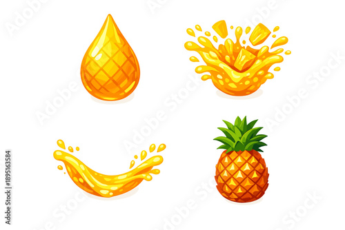 Fruit and beverage icon set: pineapple, juice, splash, tropical, drink, smoothie, slice, freshness, cocktail