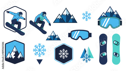 Winter sports adventure with snowboarder and mountain elements