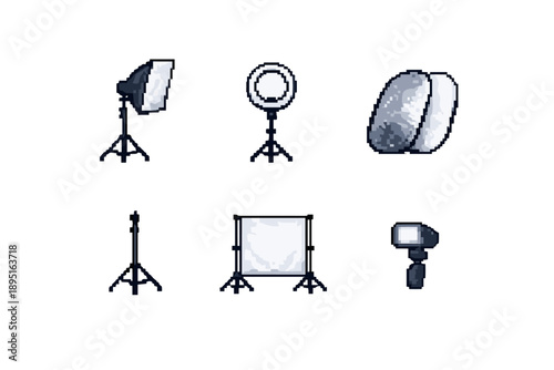 Photography Equipment Icon Set. Featuring camera, tripod, flash, light, backdrop, lens, reflector, and more.