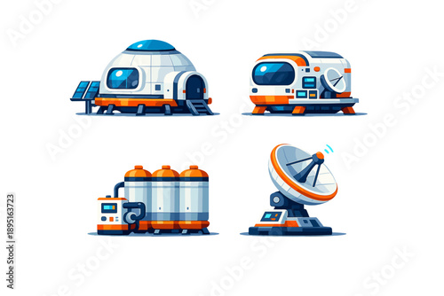 Space and technology icon set. Featuring spacecraft, satellite, control center, and communication systems.