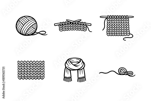 Knitting Icon Set. Containing yarn, needles, stitch, scarf, pattern, thread, fabric, crafting, knit, weave, swatch and more.