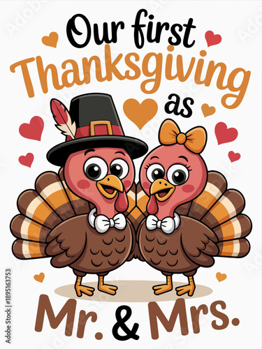A cartoon depicts two turkeys dressed as a married couple celebrating their first Thanksgiving