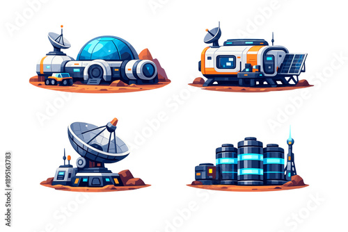 Space and Technology Icon Set. Containing satellite, spacecraft, station, antenna, rover, research, communication, exploration and more.