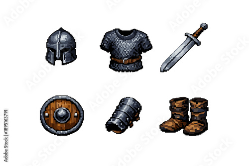 Armor and Weapons Icon Set. Containing helmet, sword, shield, armor, boots, gauntlet, knight, battle, medieval, combat, defense, gear, equipment,
