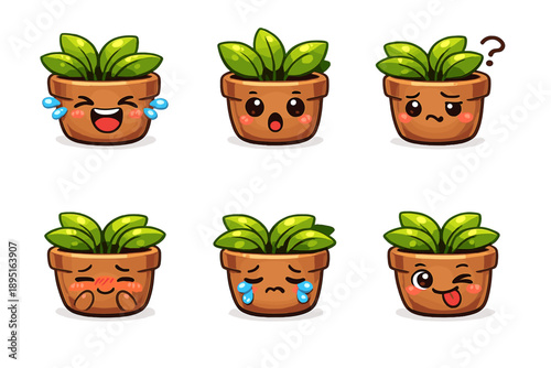 Plant emoji icon set. Featuring expressions, emotions, cartoon, nature, pot, leaves, happy, sad, surprised, playful, and more.