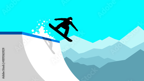 Snowboarder silhouette jumping on halfpipe with mountain background