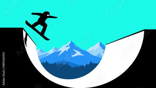 Snowboarder silhouette performing tricks on halfpipe with mountain background