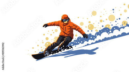 Dynamic snowboarder on slope with snow spray and bold colors