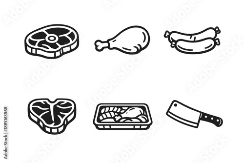 Food and cooking icon set. Containing meat, poultry, steak, sausage, chicken, knife, cleaver, and more.