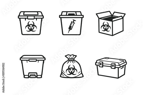 Waste Management Icon Set. Containing trash, recycling, hazardous, container, bin, biohazard, disposal, environment, safety and more.