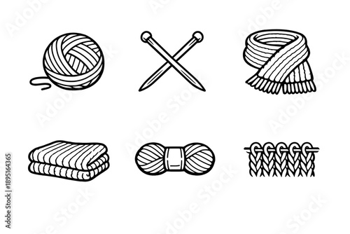 Knitting and yarn icon set. Featuring yarn, needles, scarf, blanket, skein, and stitches.