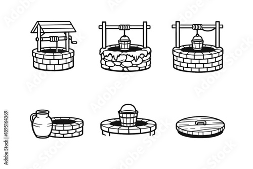 Well and water icon set. Containing bucket, water, stone, reservoir, draw, supply, hydration, depth, source and more.