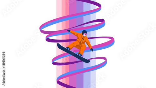 Snowboarder in motion with vibrant spiral trail