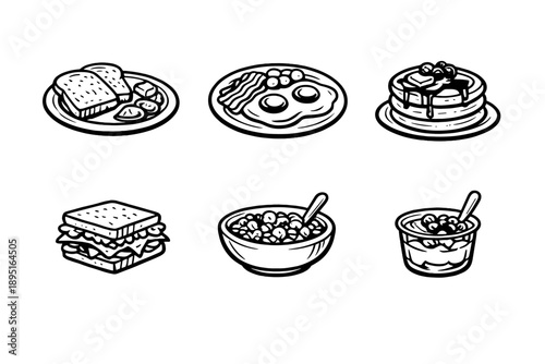 Food and dining icon set. Containing breakfast, lunch, dinner, sandwich, pancakes, salad, and more.