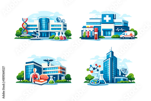 Healthcare and Medical Icons Set: Hospital, Laboratory, Ambulance, Research, Pharmacy, DNA, Medicine, Care, Treatment