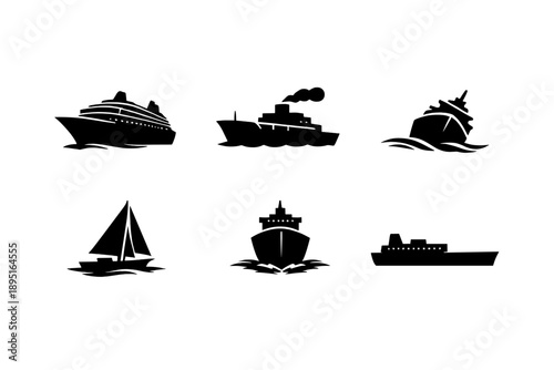 Water Transport Icon Set: Ship, Sailboat, Yacht, Cargo, Ferry, Tugboat, Cruise