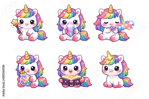 Fantasy icons set. Containing unicorn, magic, rainbow, sparkle, crystal, charm, book, spell, potion, whimsical, joy.