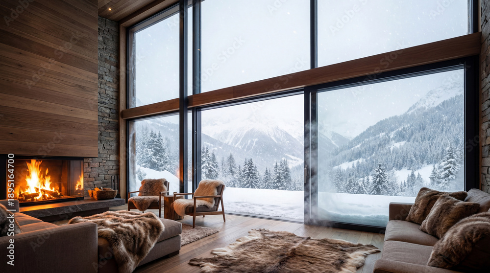 Fototapeta premium A cozy modern living room with a stunning snowy mountain view. Enjoy the warm ambiance by the fireplace, perfect for winter retreats or vacations.
