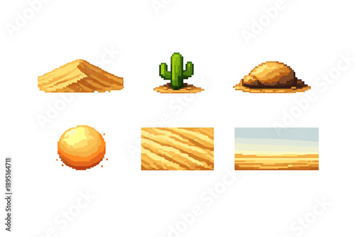 Desert and nature icon set. Containing sand, cactus, sun, rock, landscape, horizon, terrain, oasis and more.
