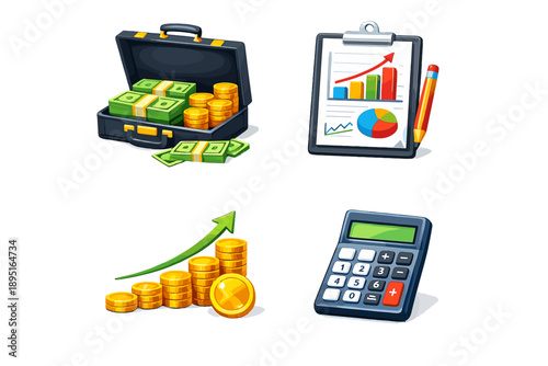 Finance and investment icon set. Containing money, growth, calculator, chart, profit, savings, analysis, report and more.