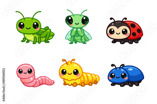 Insect Icons Set: Beetle, Caterpillar, Grasshopper, Ladybug, Worm, Butterfly