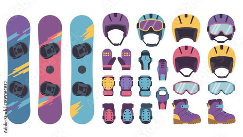 Colorful snowboarding gear set featuring boards, helmets, and accessories in flat design
