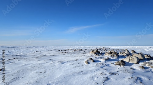 Vast, desolate snow-covered landscape with scattered large rocks under a bright blue sky.