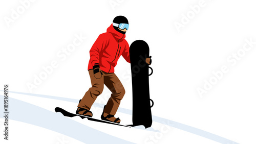 Snowboarder in red jacket on winter slope, minimalist sport design with clear white background
