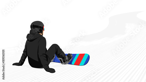 Snowboarder resting on mountain slope with bright board and gear in minimalist style