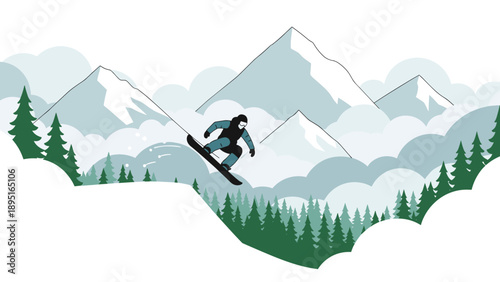Snowboarder jumping in winter mountains with pines and snowy peaks